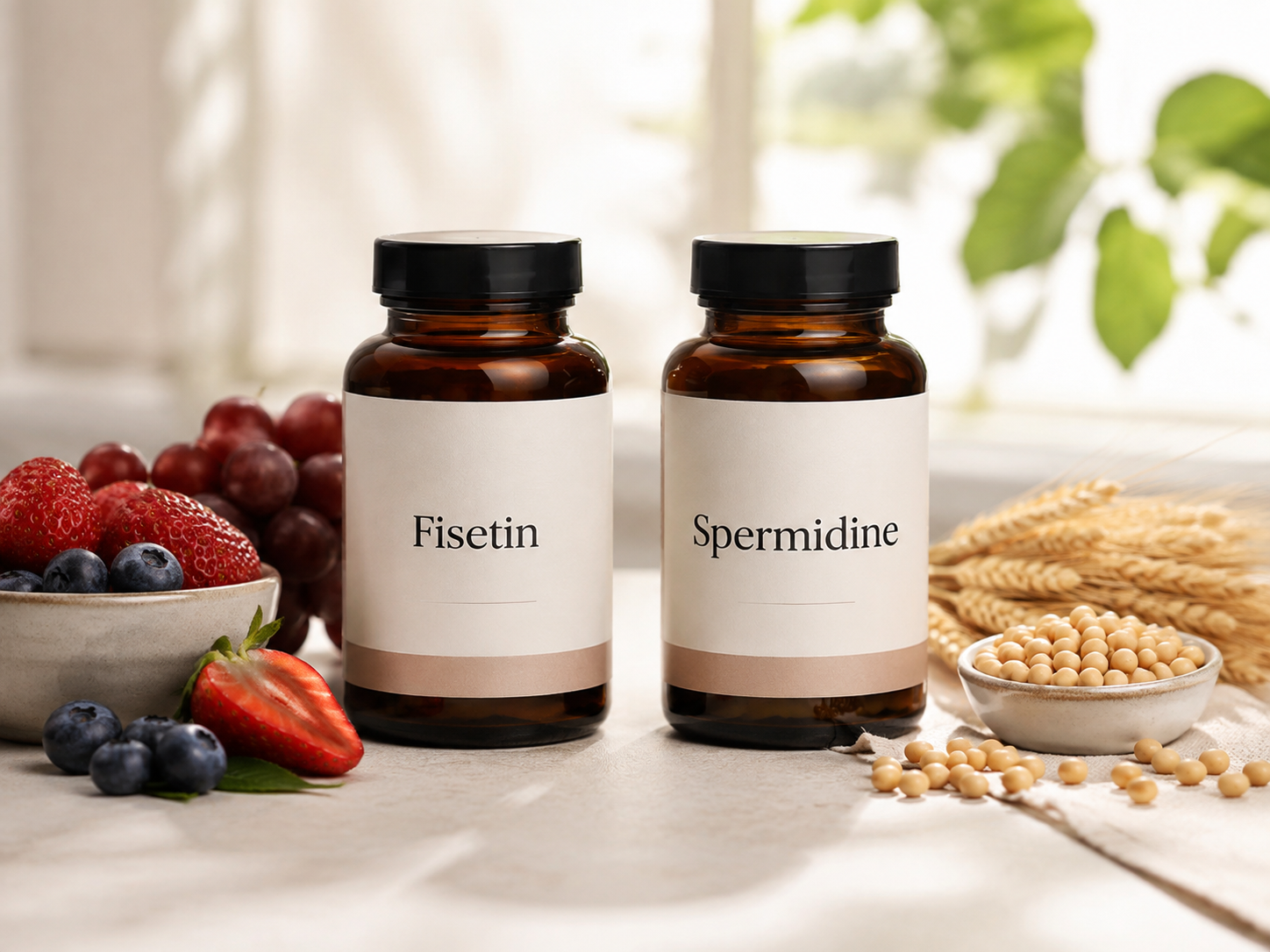 Supplement comparison visual for Fisetin vs Spermidine: Different Cellular-Aging Strategies