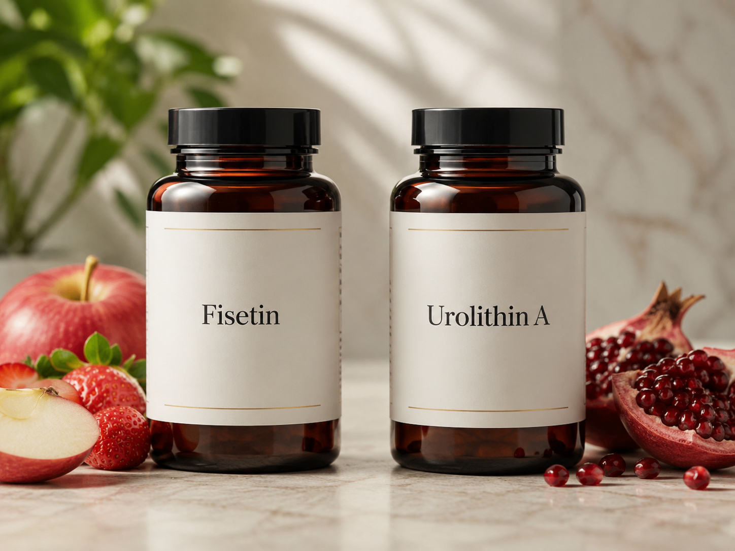 Longevity supplement combination visual for Urolithin A + Spermidine + Fisetin Stack: Three Pathways, One Label